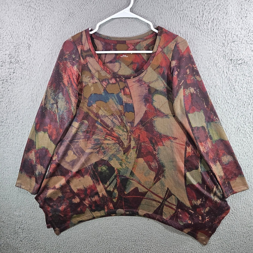 Soft Surroundings Abstract Floral Sharkbite Hem Top Brown Burgundy XS
